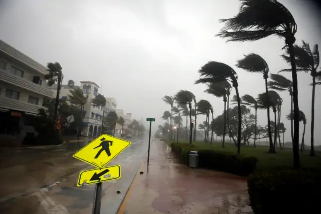 Heavy wind is seen along Ocean Drive in South Beach as Hurricane Irma arrives at south Florida, in Miami Beach, Florida