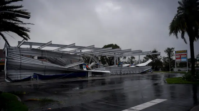 A damaged petrol station