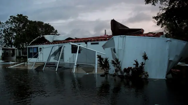 A damaged mobile home