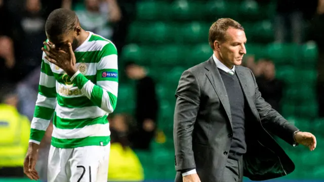 Celtic's Olivier Ntcham and Brendan Rodgers show their disappointment