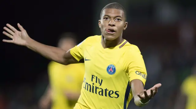 PSG's Kylian Mbappe celebrates scoring against Metz