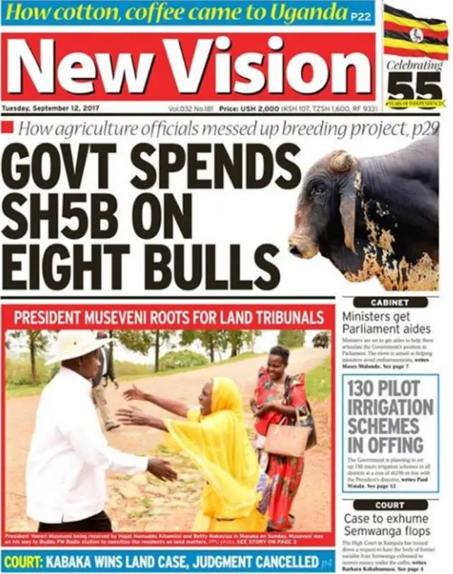 Front page of New Vision displays headline 'Govt Spends 5 Billion Shillings on Eight Bulls'.