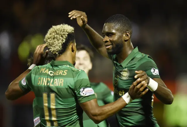 Odsonne Edouard (right) celebrates scoring for Celtic against Hamilton