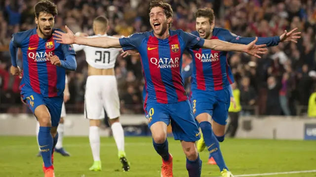 Sergi Roberto celebrates scoring for Barcelona against PSG