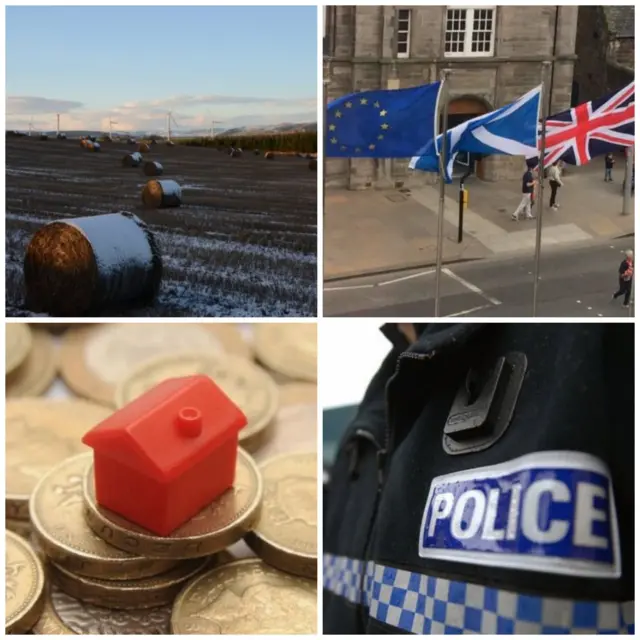 Farm, flags, monopoly house on coins, police