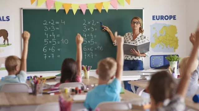 A teacher in front of a class