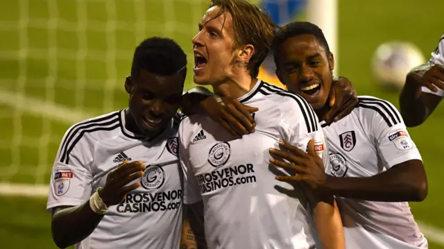 Stefan Johansen of Fulham celebrates scoring a goal