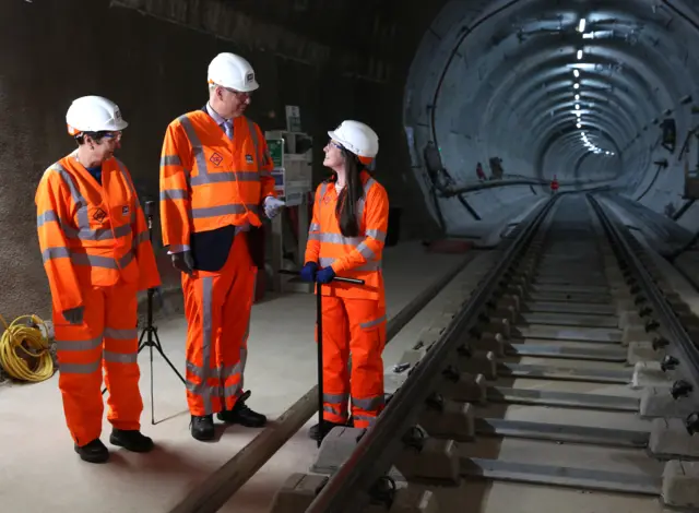 Crossrail workers in the eastbound tunnel at the Whitechapel Elizabeth line station