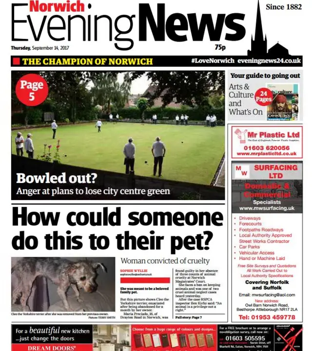 Front page of Norwich Evening News