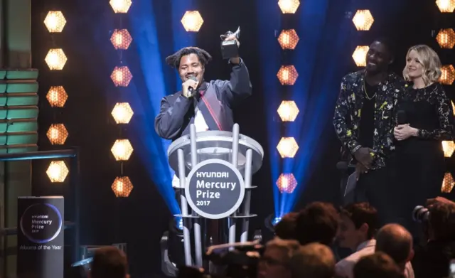 Sampha on stage, winning the Mercury Prize