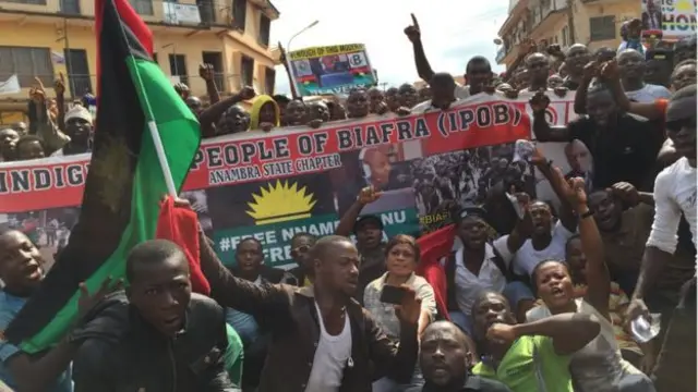 Ipob activists hold up banners at a demonstration