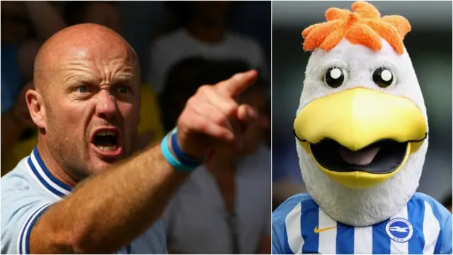 A fan points and Brighton's mascot