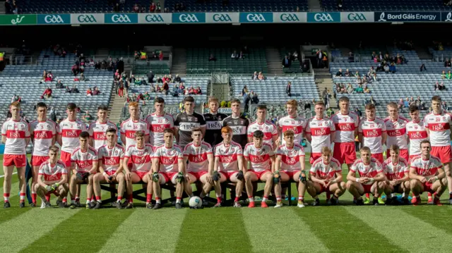 The Derry boys pose for the traditional pre-match photocall