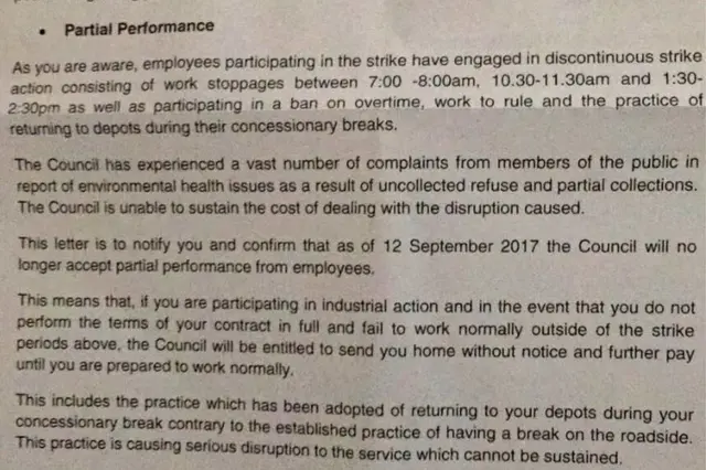 Letter sent to striking bin workers