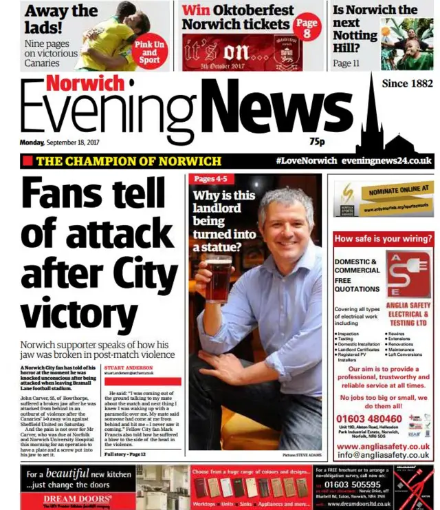 Front page of Norwich Evening News