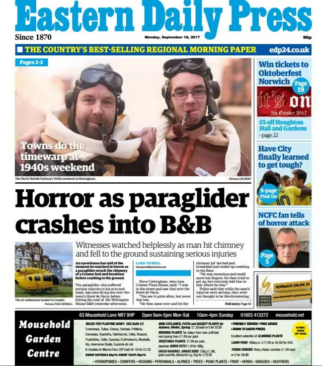 Front page of the Eastern Daily Press