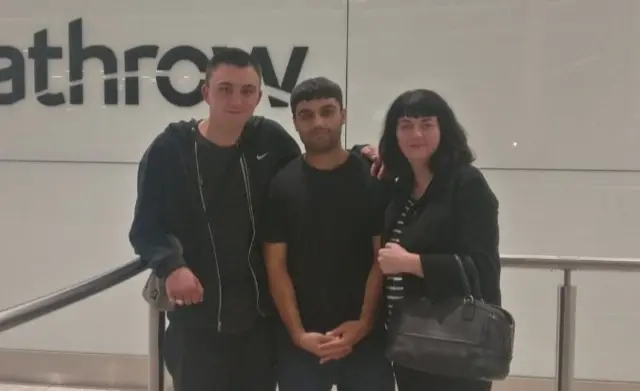 Samim Bigzad was met at Heathrow aiport by Fergus Hendry of Kent Refugee Action Network and Kavel Rafferty, Samim's foster mother