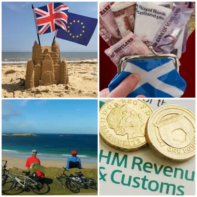 Brexit, money in Saltire purse, cyclists at beach and coins on tax form