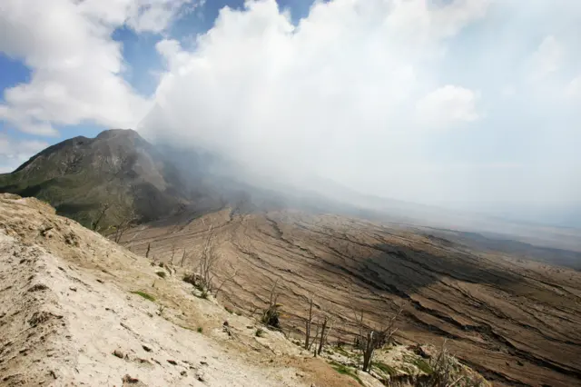 Soufrie Volcanois - an active volcano - seen on March 8, 2008 in Little Bay, Montserrat