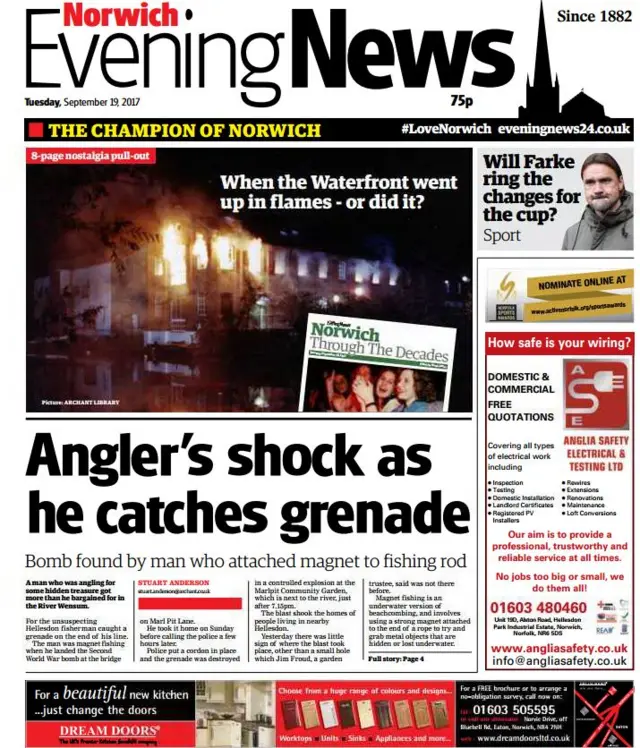 Front page of Norwich Evening News