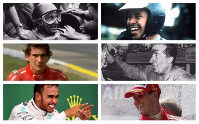 Juan Manuel Fangio, Alberto Ascari, Jim Clark, Ayrton Senna, Michael Schumacher and Hamilton