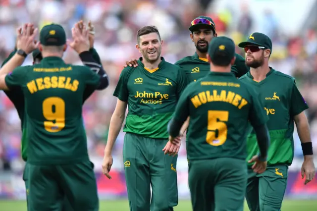 Harry Gurney celebrates taking the wicket of Hampshire's Gareth Berg