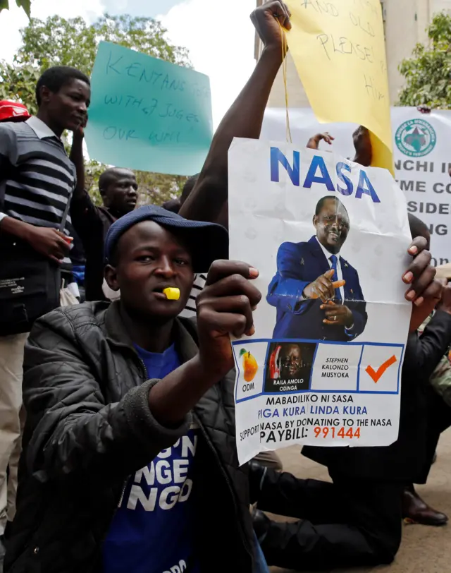 Nasa coalition supporters demonstrate near Kenya's Supreme Court in Nairobi