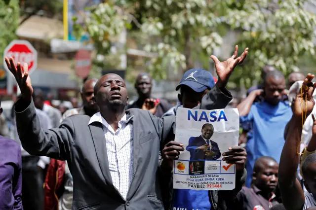 Nasa coalition supporters demonstrate near Kenya's Supreme Court in Nairobi