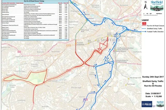 Map of Sheffield showing 10k route and advise for Steel City Derby