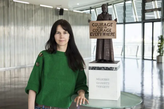 Artist Gillian Wearing with her design of Millicent Fawcett's statue