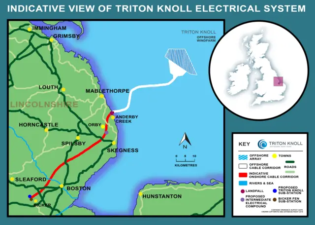 A map highlighting the location of the turbines, the cable and the on-shore constructions