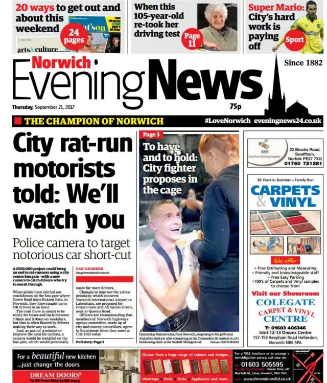 Front page of the Norwich Evening News