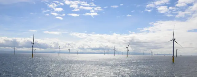 Turbines at sea at Gwynt y Mor in Wales