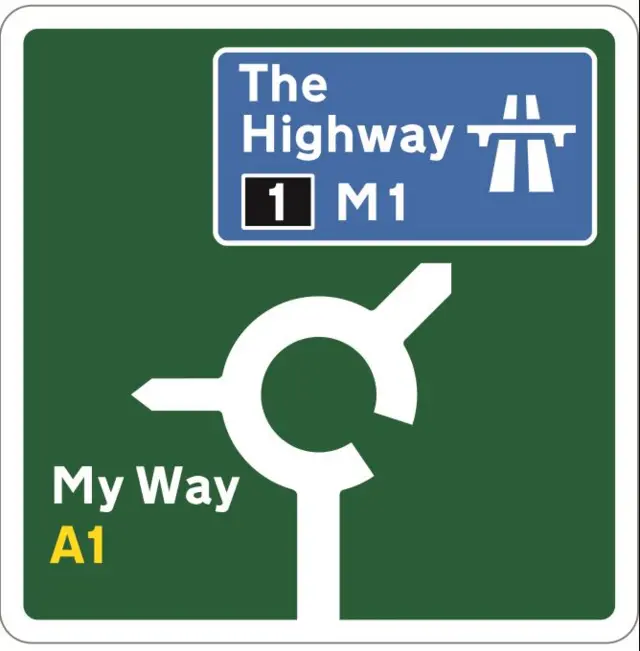 A rectangular roundabout sign with the directions the highway or my way.