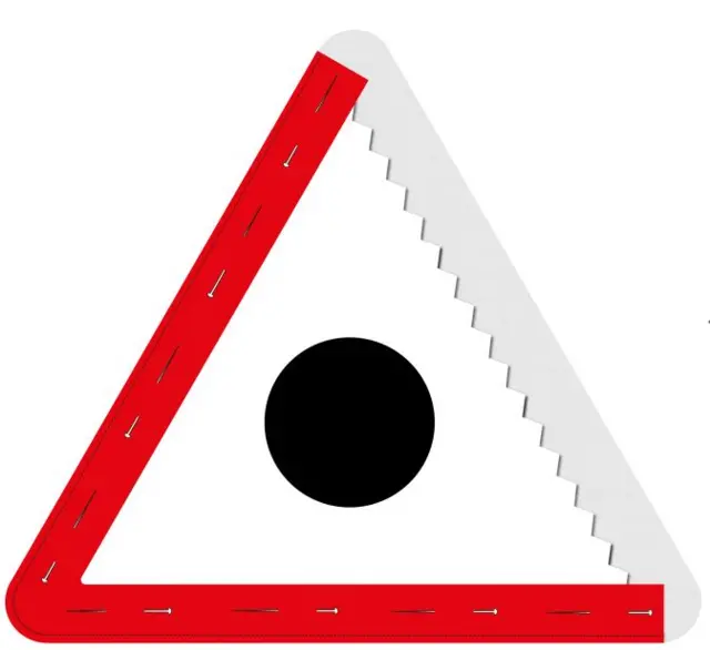 A triangular warning sign showing pins pinning a red stripe to two sides and a saw edge on the third side.