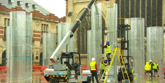 Hollow metal posts stood in front of Hull Minster.