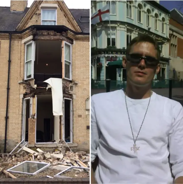 The house with its windows blown out and a picture of Lewis Nicklin.