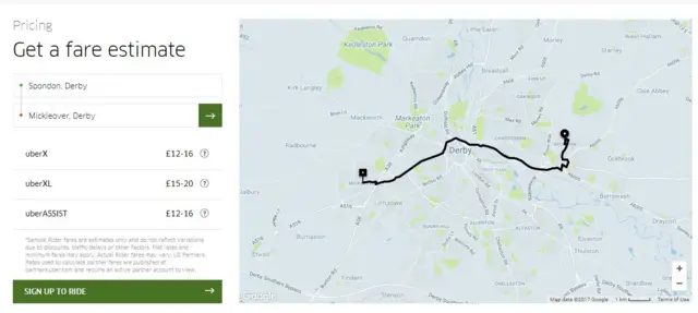 Uber showing price options for route from Spondon to Mickleover