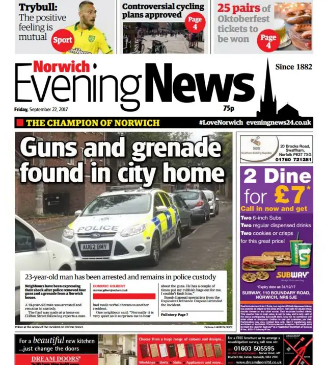 Front page of Norwich Evening News