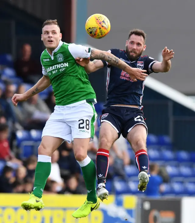 Hibernian's Anthony Stokes (left) competes with Ross County's Jim O'Brien