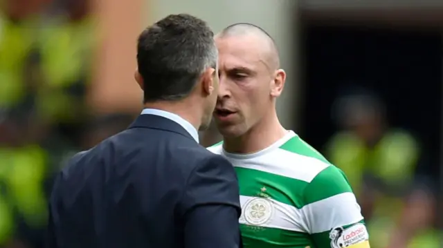 Rangers manager Pedro Caixinha squares up to Celtic captain Scott Brown