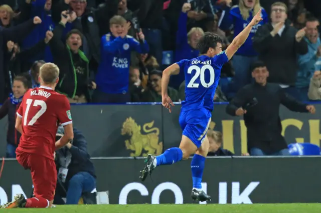 Shinji Okazaki celebrates scoring