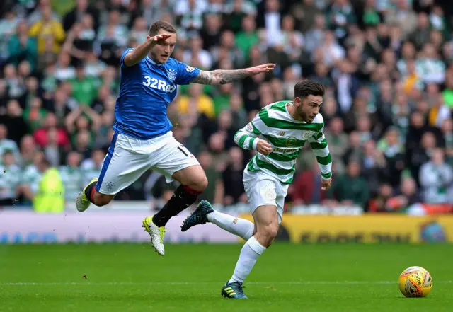 Lee Hodson of Rangers and Patrick Roberts of Celtic battle for possession