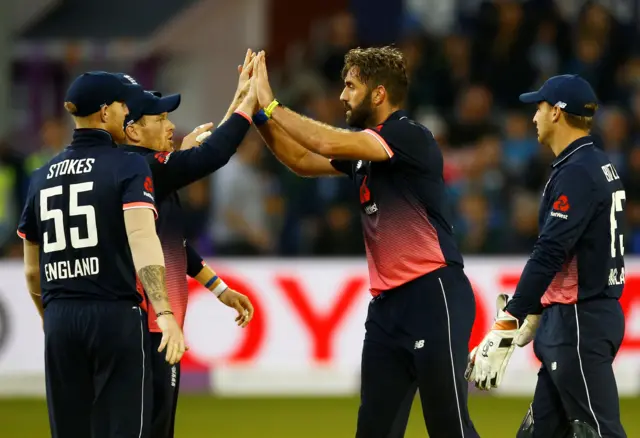 Liam Plunkett celebrates dismissing Devandra Bishoo