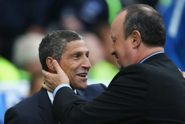 Chris Hughton, Manager of Brighton and Hove Albion and Rafael Benitez, Manager of Newcastle United