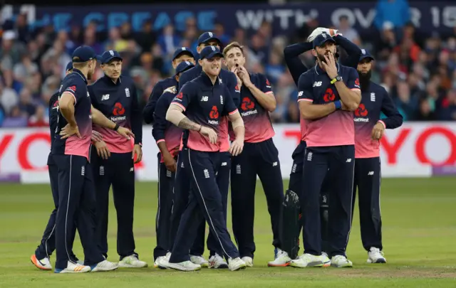 England players watch Chris Gayle run out review on the big screen