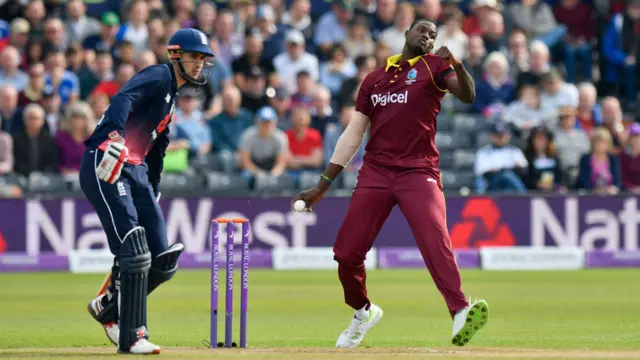 Jason Holder bowls to Jonny Bairstow