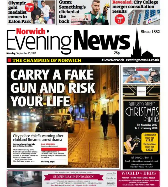 Front page of the Norwich Evening News