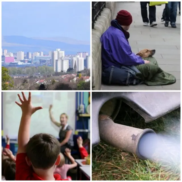 Glasgow high rise, homeless, teacher and pupils, car exhaust