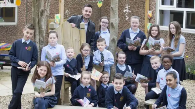 Author Ross Mackenzie with St Catherine's Primary pupils